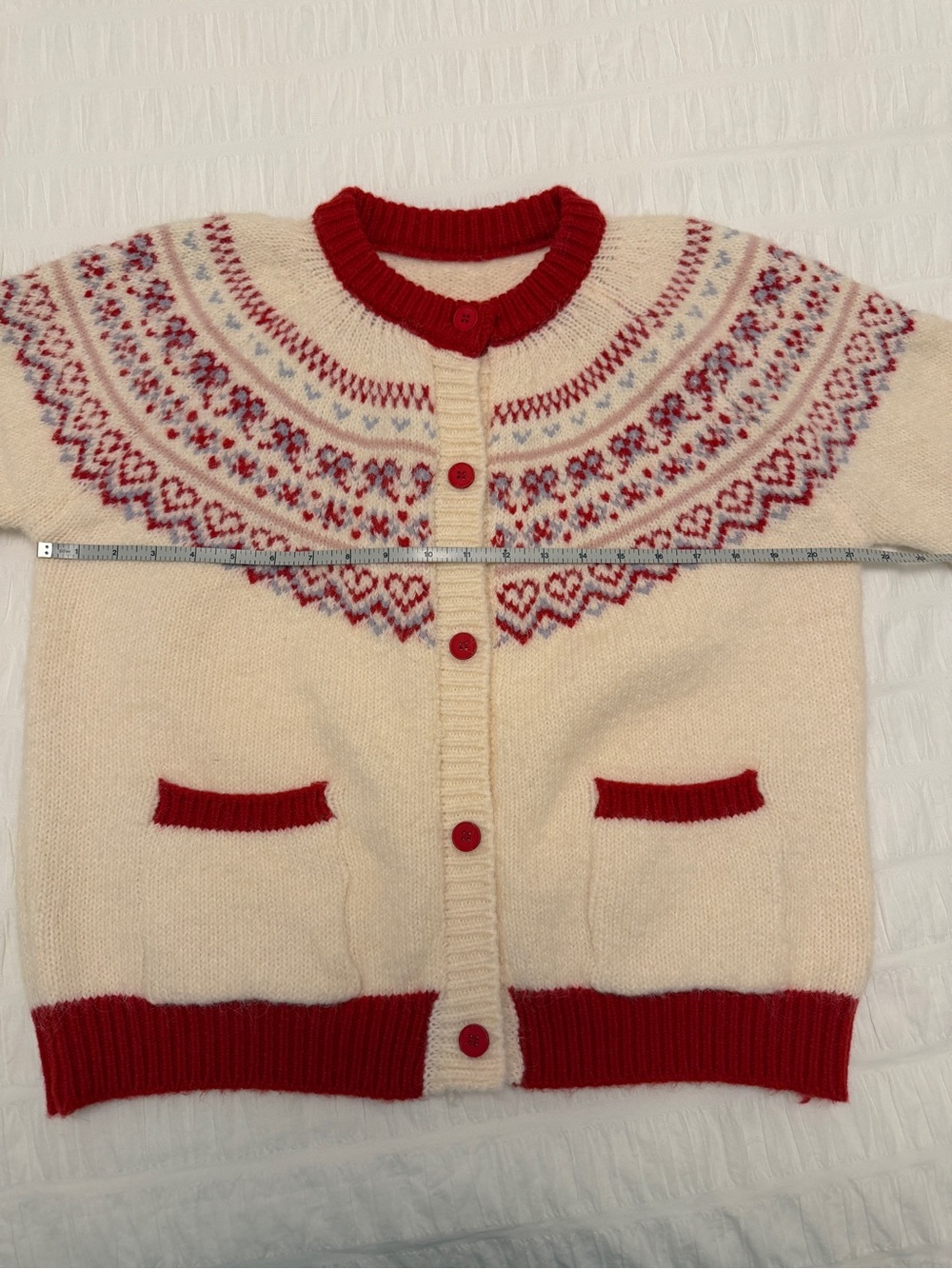 FAIR ISLE  Hearts Bows Cardigan Sweater Fuzzy Soft Cozy Pockets Nordic Soft Girl - Picture 15 of 17